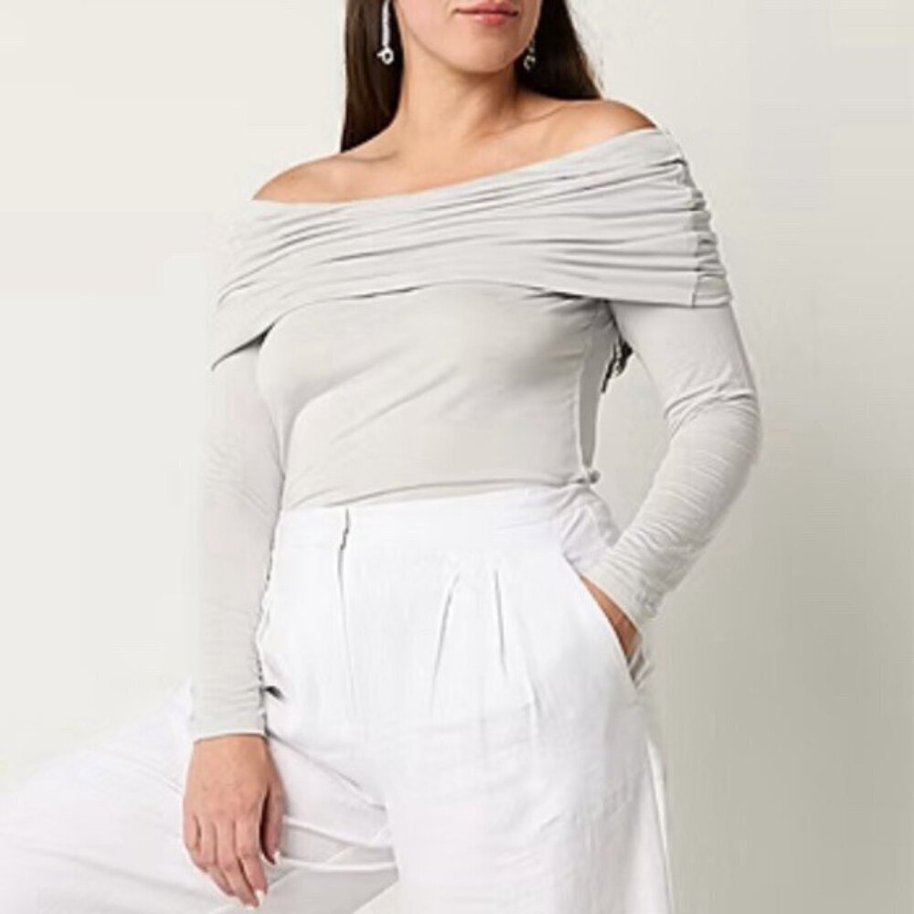 Worthington Women's Off Shoulder Blouse Top Size XXL Silver Long Sleeve NWT $48